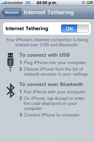 Pantalla de Internet Tethering
